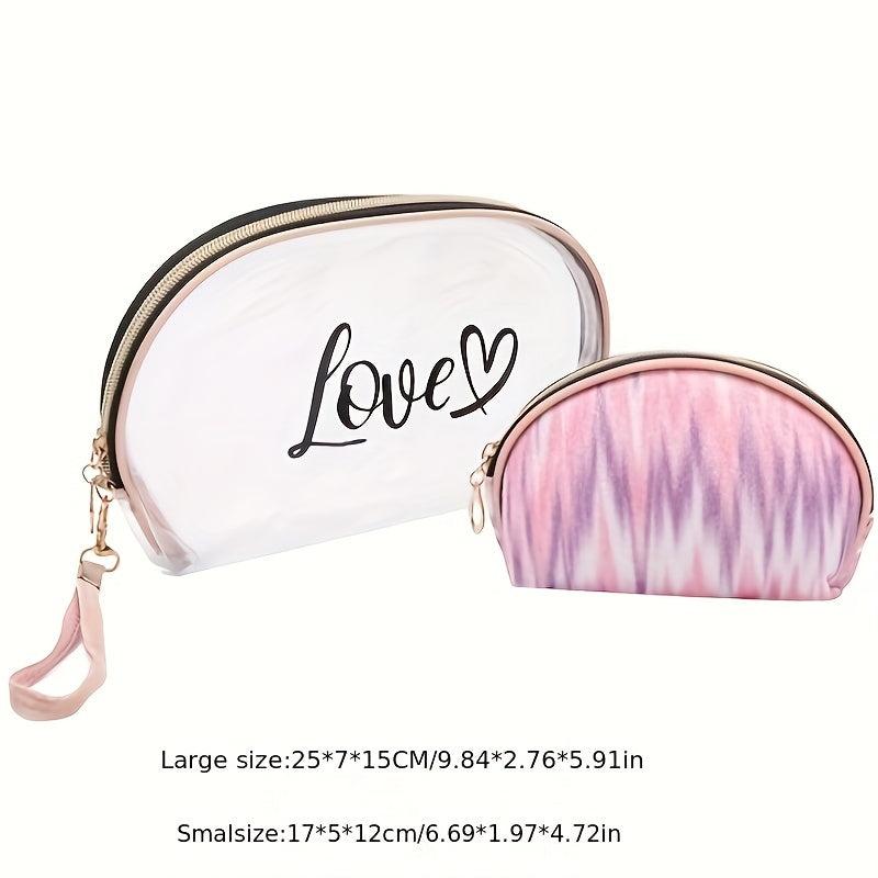 2pcs Tie Dye & Clear Makeup Bag Set Of 2 PVC Shell Shape Glitter Semicircle