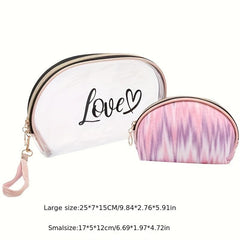 2pcs Tie Dye & Clear Makeup Bag Set Of 2 PVC Shell Shape Glitter Semicircle