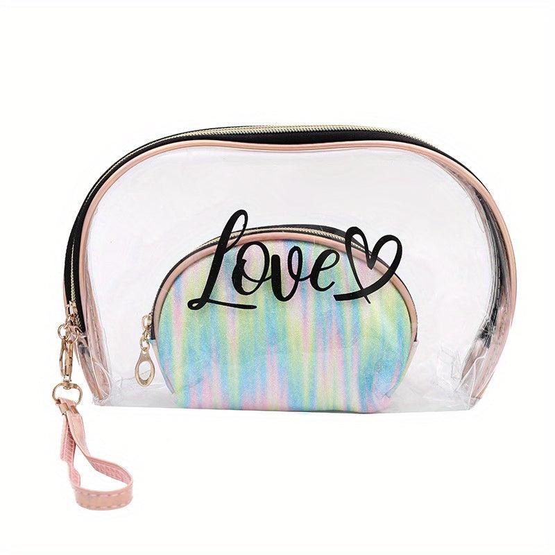 2pcs Tie Dye & Clear Makeup Bag Set Of 2 PVC Shell Shape Glitter Semicircle