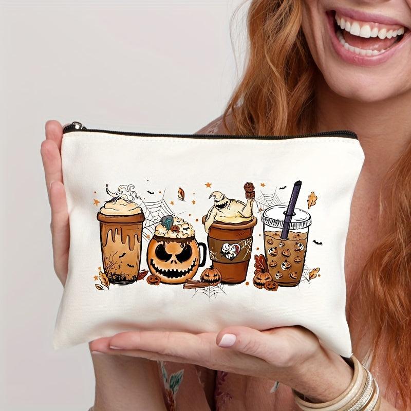 Pumpkin Spice Latte Cosmetic Bag Zipper Toiletry Wash Bag Halloween Gift