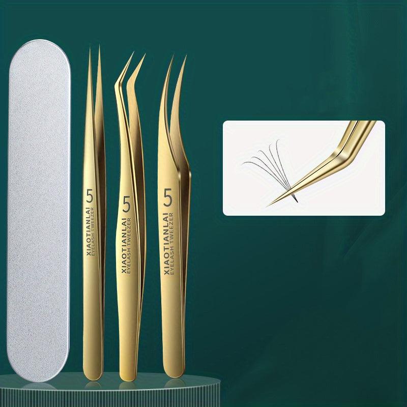 3pcs Stainless Steel Eyelash Tweezers Set for Extensions