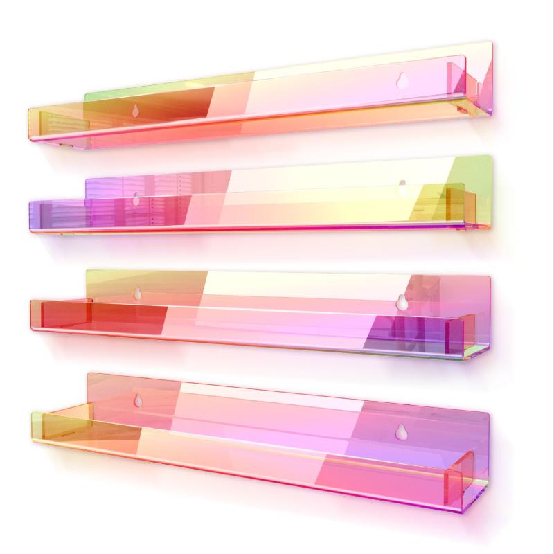 4 Pack 15 Inch Iridescent Acrylic Shelves Clear Rainbow Floating Bookshelf