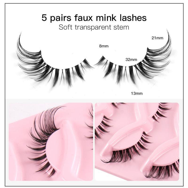 5 Pairs 3D Clear Band Wispy Mink Eyelashes Natural Cat Eye Lashes