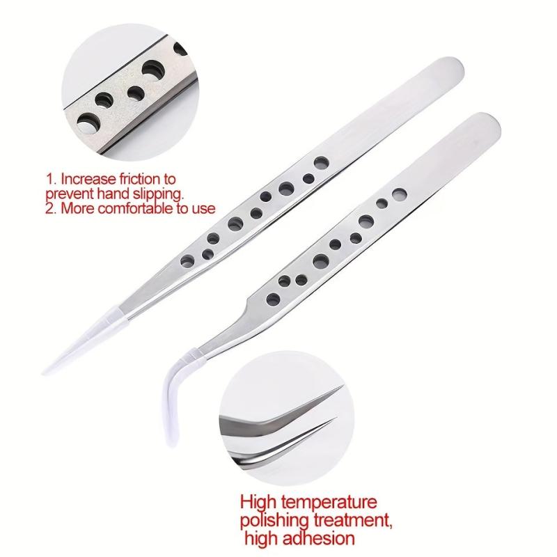 2pcs Stainless Steel Tweezers Set for Eyelash Extensions with Storage Case