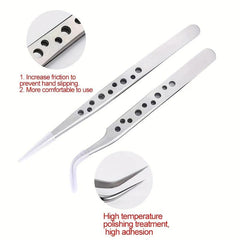 2pcs Stainless Steel Tweezers Set for Eyelash Extensions with Storage Case