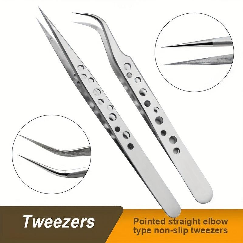 2pcs Stainless Steel Tweezers Set for Eyelash Extensions with Storage Case