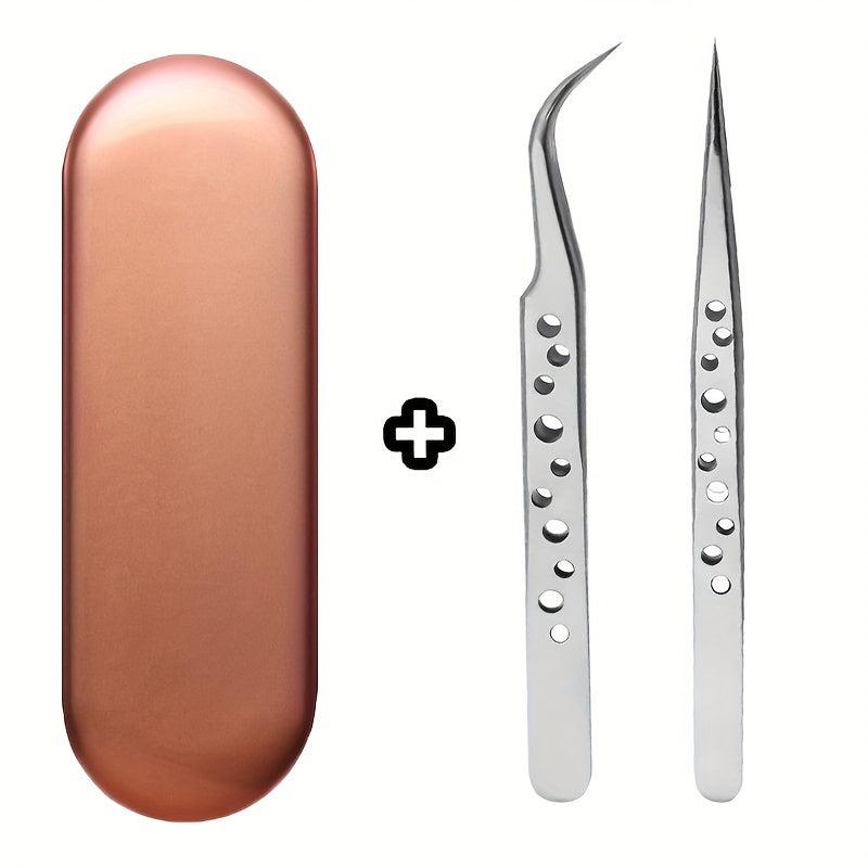 2pcs Stainless Steel Tweezers Set for Eyelash Extensions with Storage Case