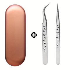 2pcs Stainless Steel Tweezers Set for Eyelash Extensions with Storage Case