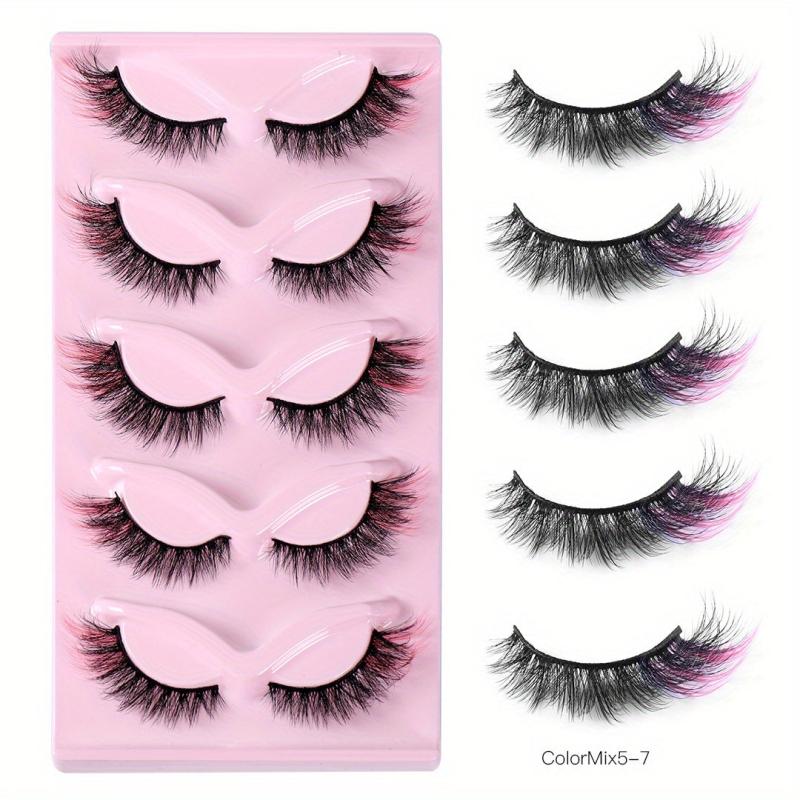 5 Pairs Red Purple Fluffy Wispy Colored Lashes 18MM 8D Faux Mink Eyelashes