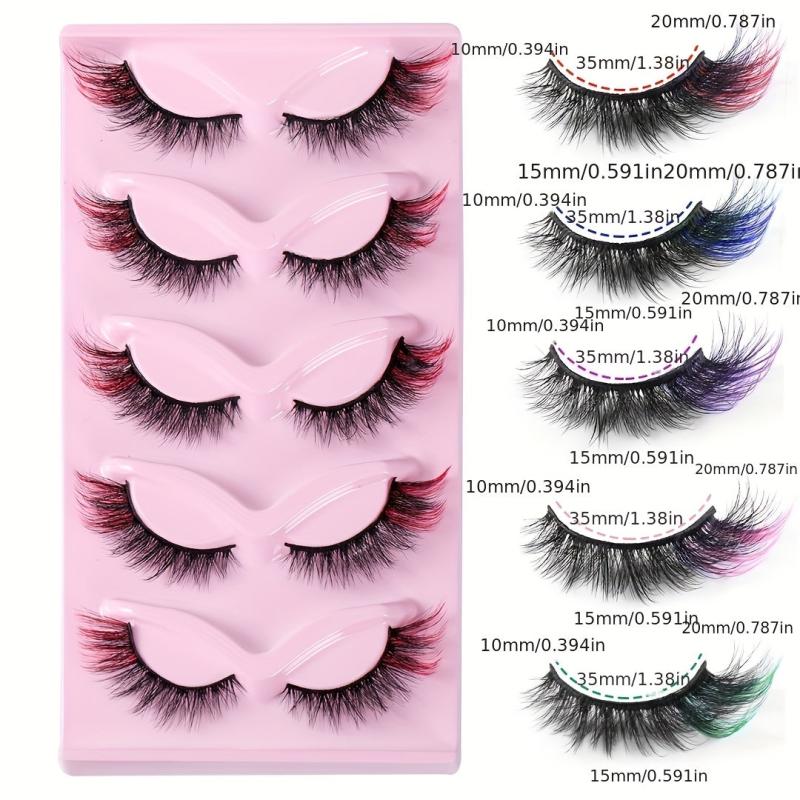 5 Pairs Red Purple Fluffy Wispy Colored Lashes 18MM 8D Faux Mink Eyelashes