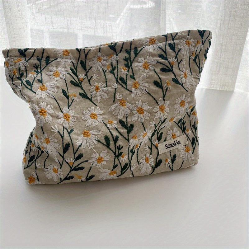 Daisy Embroidered Cosmetic Bag for Women - Roomy Toiletry Case