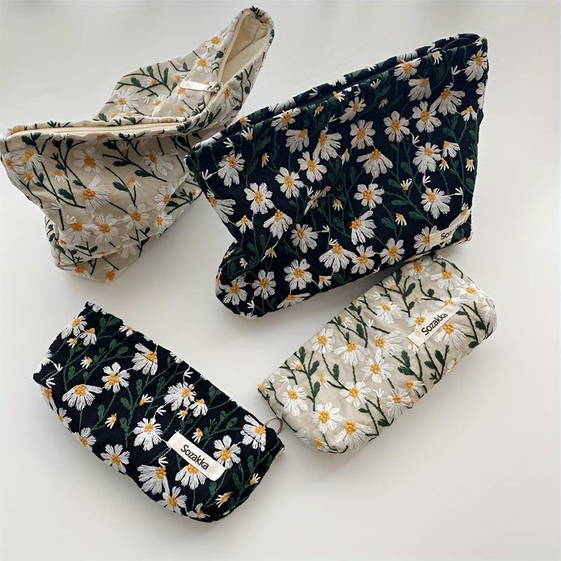 Daisy Embroidered Cosmetic Bag for Women - Roomy Toiletry Case