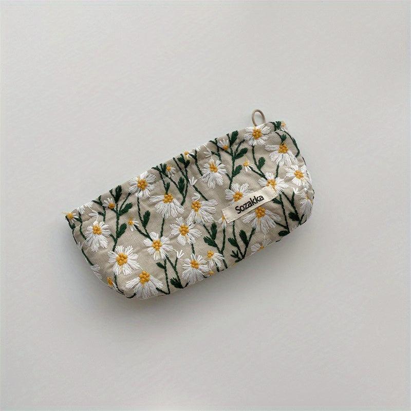 Daisy Embroidered Cosmetic Bag for Women - Roomy Toiletry Case