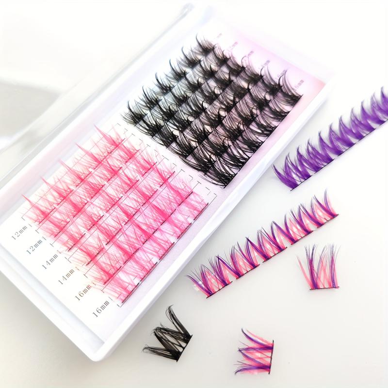 6 Rows Cluster Lashes Pink Purple Extension Kit