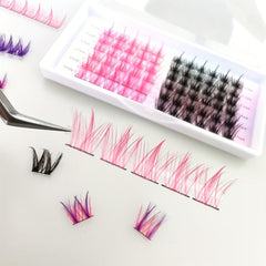 6 Rows Cluster Lashes Pink Purple Extension Kit