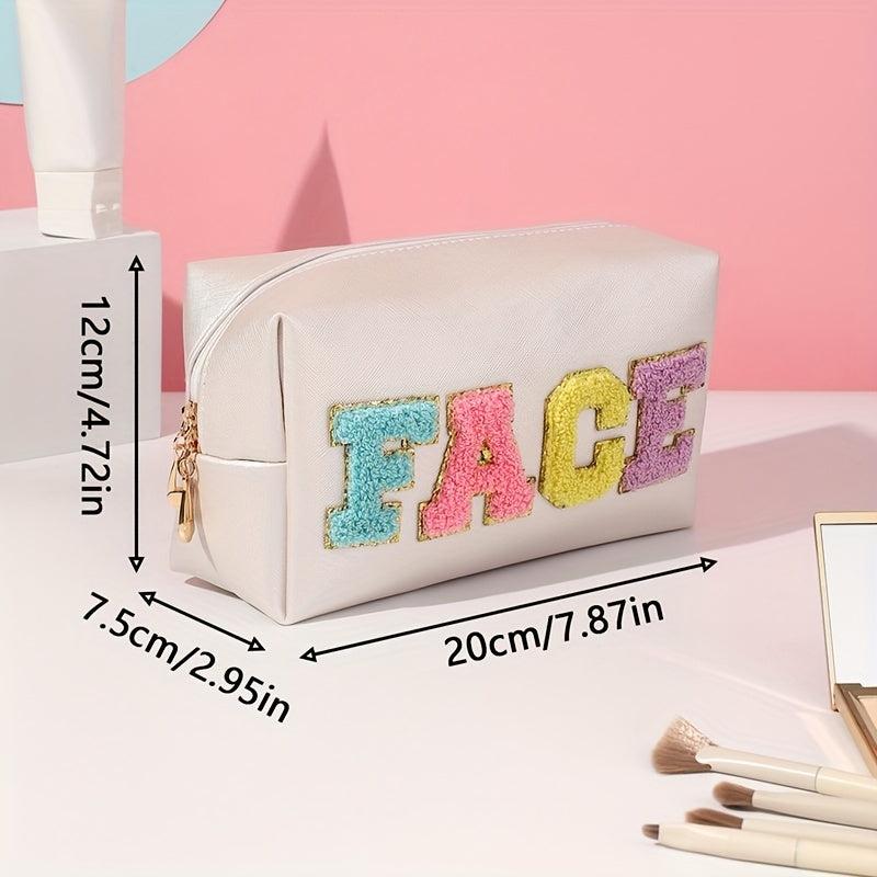 Preppy Makeup Bag Travel Toiletry Bag Letter Patch PU Leather Waterproof