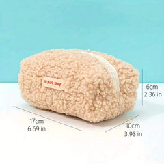 Letter Patch Plush Makeup Bag Brown Zipper Storage Pouch