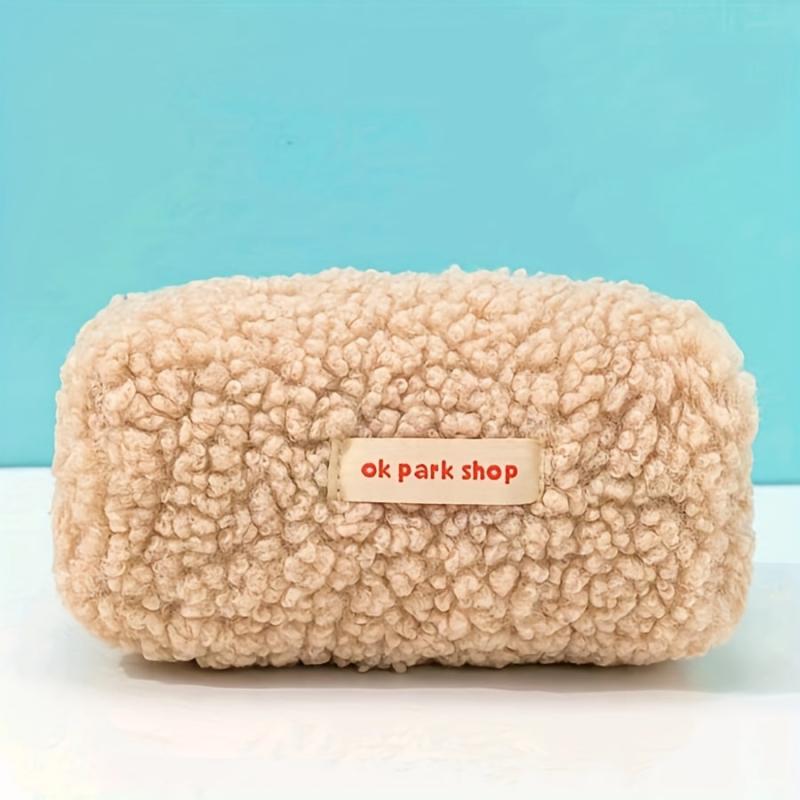 Letter Patch Plush Makeup Bag Brown Zipper Storage Pouch