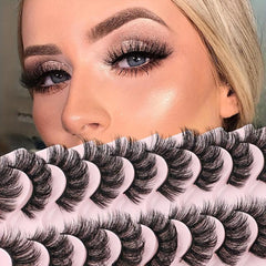 10 Pairs Natural Wispy Faux Mink Lashes Fluffy Curly Crossing 7D Volume