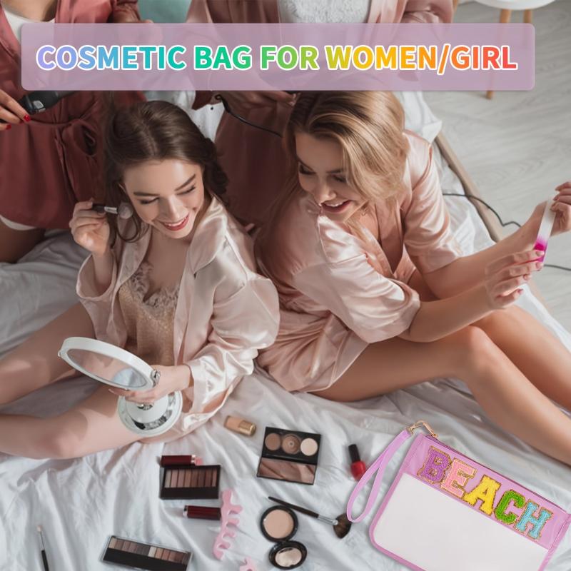 2 Pcs Chenille Letter Clear Zipper Pouch Cosmetic Travel Snack Beach Gym Bag