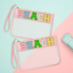 2 Pcs Chenille Letter Clear Zipper Pouch Cosmetic Travel Snack Beach Gym Bag