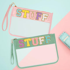 2 Pcs Chenille Letter Clear Zipper Pouch Cosmetic Travel Snack Beach Gym Bag