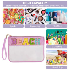 2 Pcs Chenille Letter Clear Zipper Pouch Cosmetic Travel Snack Beach Gym Bag