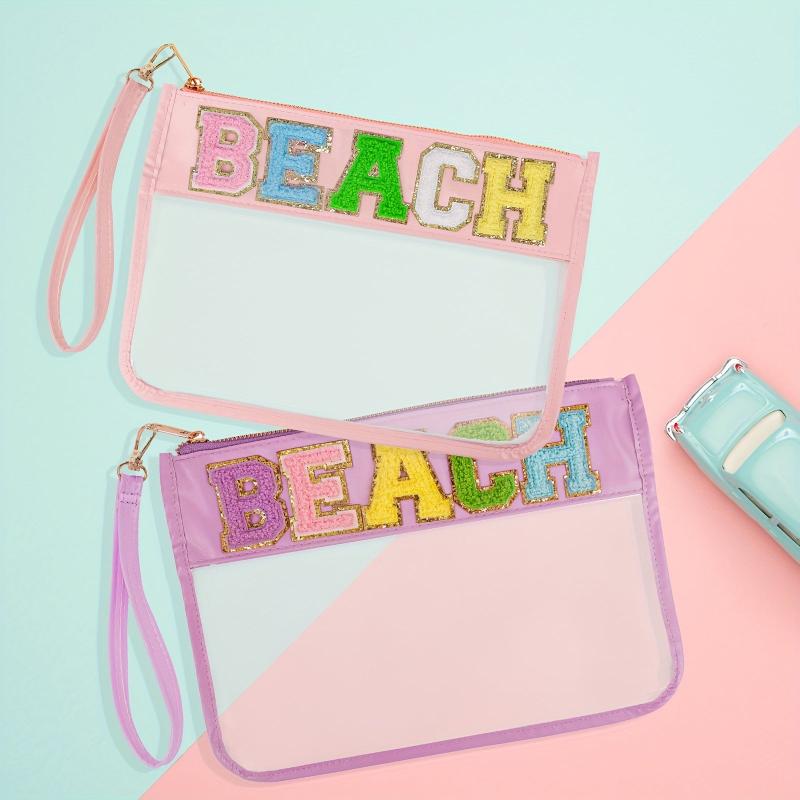 2 Pcs Chenille Letter Clear Zipper Pouch Cosmetic Travel Snack Beach Gym Bag