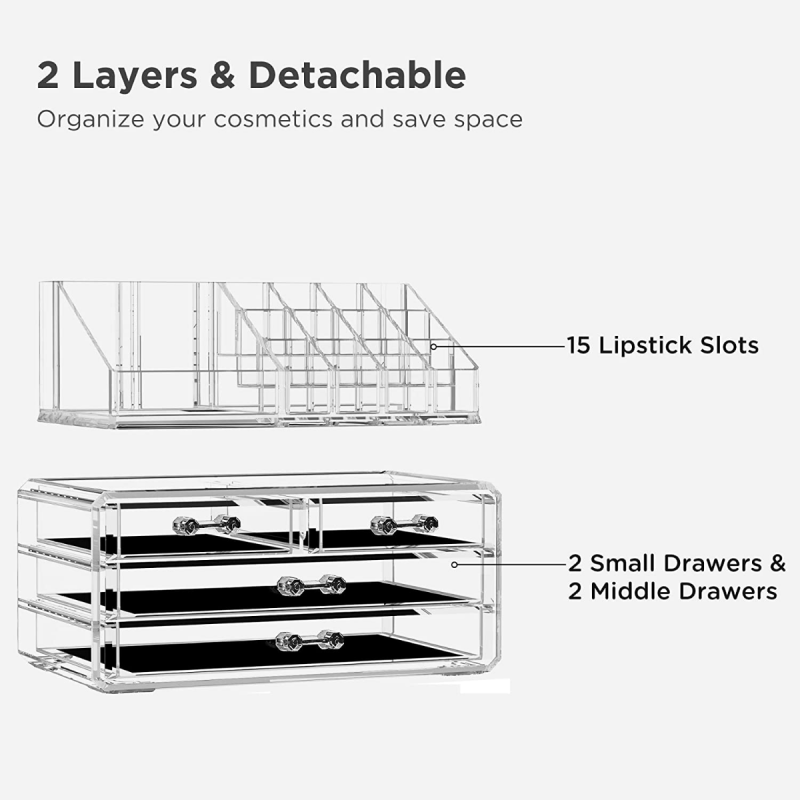 2 Tier Clear Acrylic Makeup Organizer with Storage Drawers for Vanity Bathroom