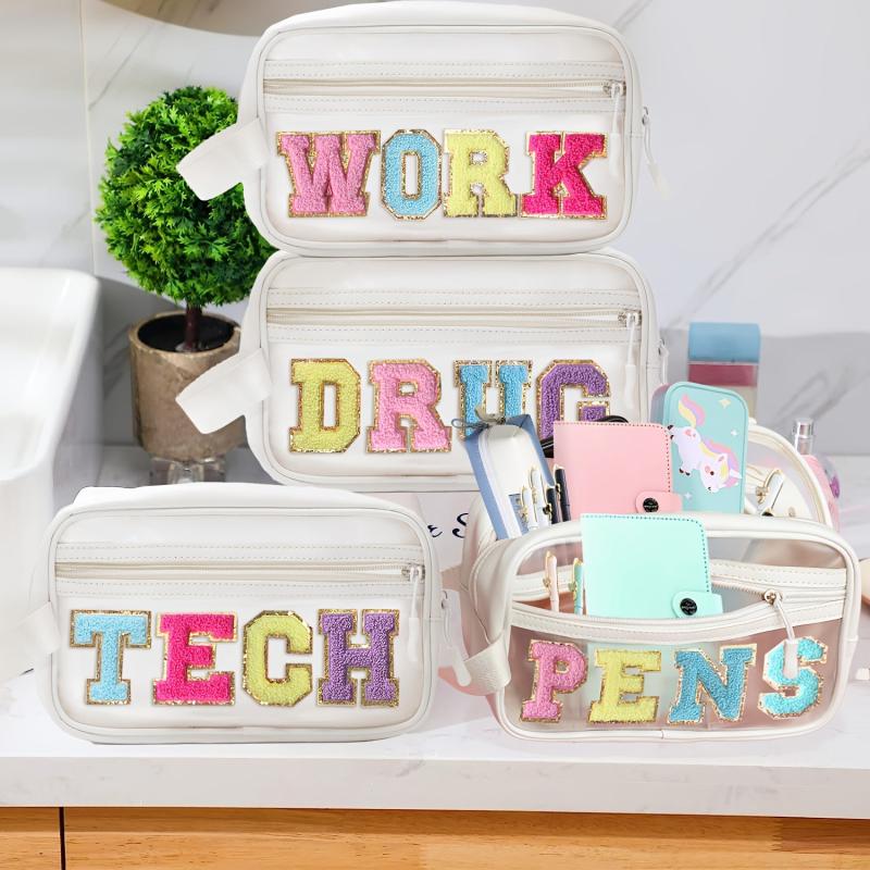 Preppy Chenille Letter Patch Clear Makeup Bag for Travel School Office