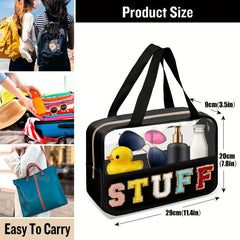 Preppy Makeup Bag With Chenille Letter Patches Large Travel Cosmetic Bag