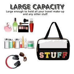Preppy Makeup Bag With Chenille Letter Patches Large Travel Cosmetic Bag
