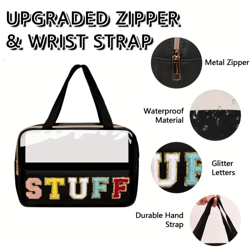 Preppy Makeup Bag With Chenille Letter Patches Large Travel Cosmetic Bag