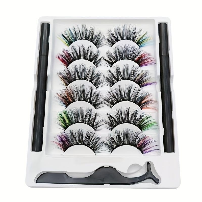 6 Pairs Colored Magnetic False Lashes & Eyeliner Kit 8D Fluffy Mink Lashes
