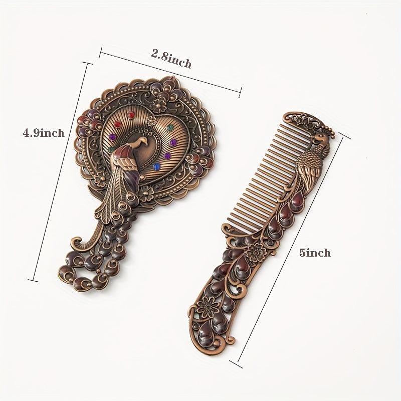 Peacock Embossed Vanity Mirror Comb Set - Perfect Gift for Mom Women and Girls