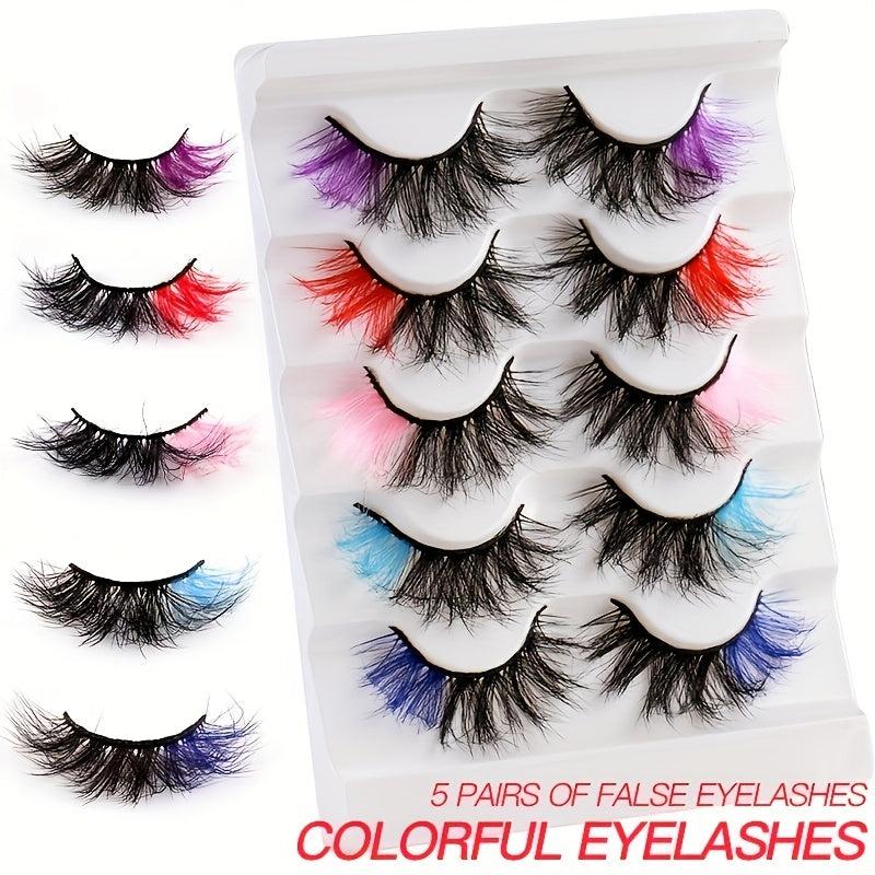 5 Pairs Full Strip False Eyelashes With Colored Ends, Soft & Natural, Reusable