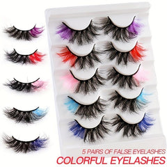 5 Pairs Full Strip False Eyelashes With Colored Ends, Soft & Natural, Reusable