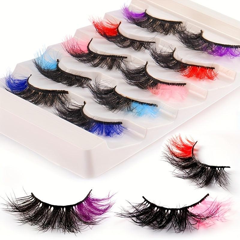 5 Pairs Full Strip False Eyelashes With Colored Ends, Soft & Natural, Reusable