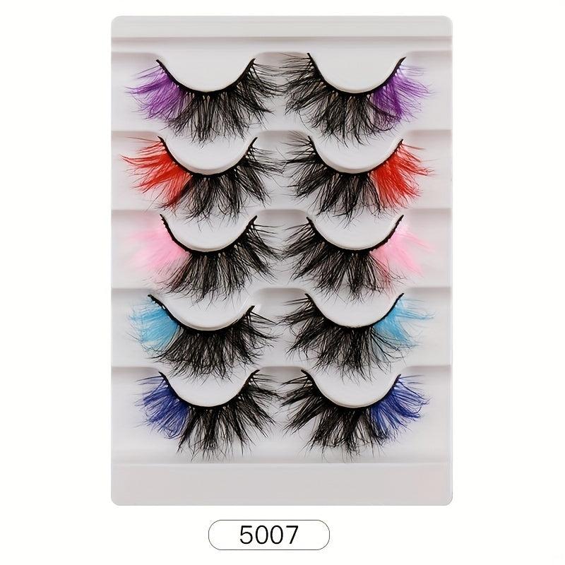 5 Pairs Full Strip False Eyelashes With Colored Ends, Soft & Natural, Reusable