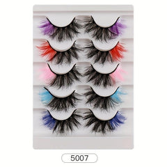 5 Pairs Full Strip False Eyelashes With Colored Ends, Soft & Natural, Reusable