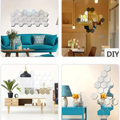 12pcs Hexagon Mirror Wall Stickers 3D Acrylic Self Adhesive Tiles