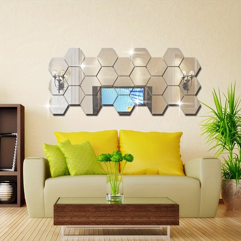 12pcs Hexagon Mirror Wall Stickers 3D Acrylic Self Adhesive Tiles