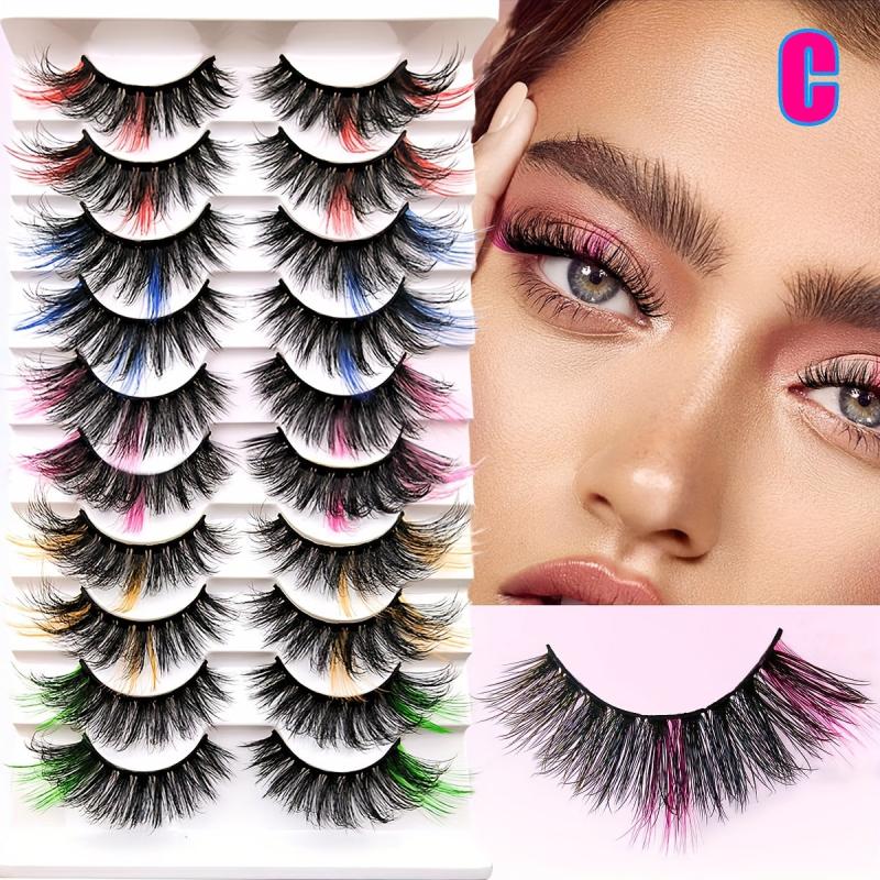 10 Pairs Colored Eyelashes 22mm Fluffy False Eyelashes Cat Eye Look