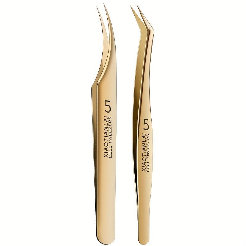3 Pcs Eyelash Tweezers Set High Precision Golden Feather Clip
