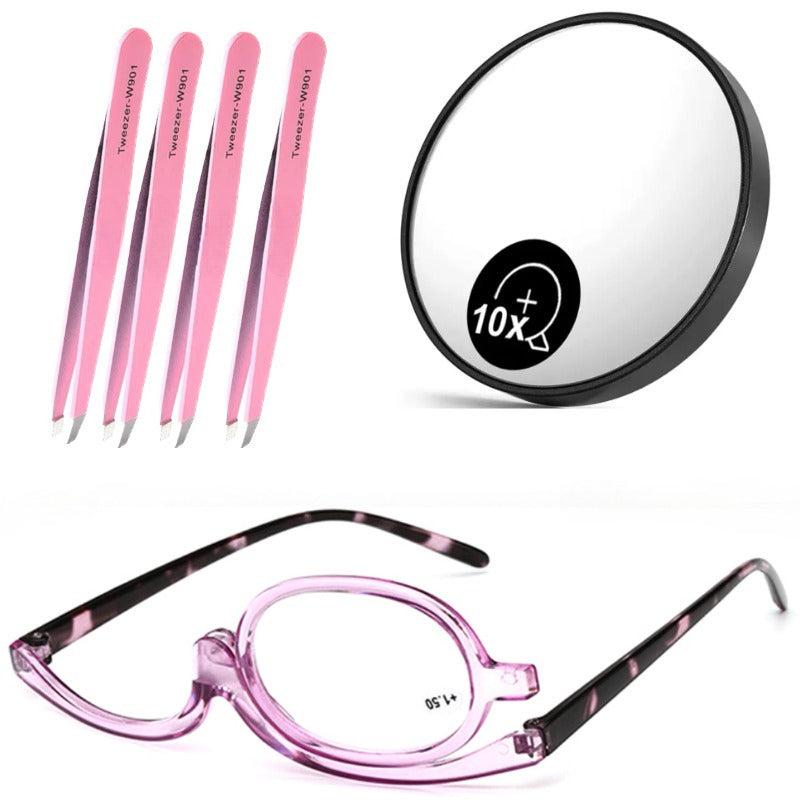 4PCS Tweezers & 10x Makeup Magnifying Mirror & 2 in 1 Makeup Glasses