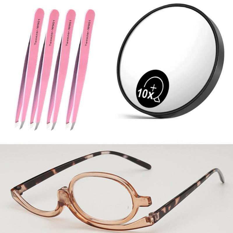 4PCS Tweezers & 10x Makeup Magnifying Mirror & 2 in 1 Makeup Glasses