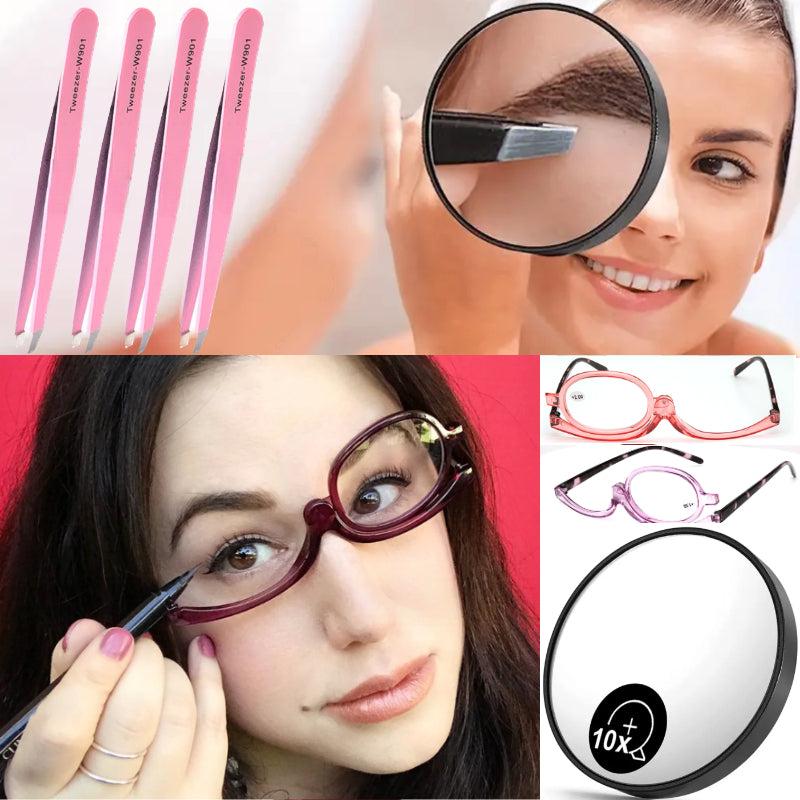 4PCS Tweezers & 10x Makeup Magnifying Mirror & 2 in 1 Makeup Glasses