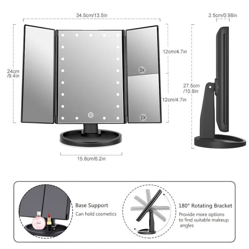 LED Makeup Vanity Mirror 2X 3X Magnification Touch Control Trifold Portable
