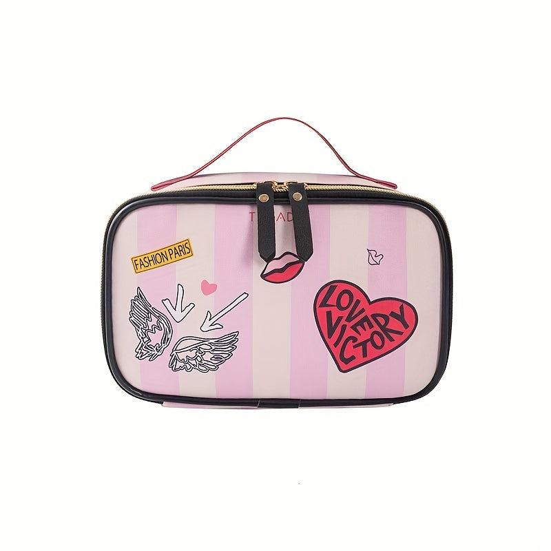 Heart Stripe Pattern Cosmetic Bag Storage Bag Travel Portable Makeup Organizer