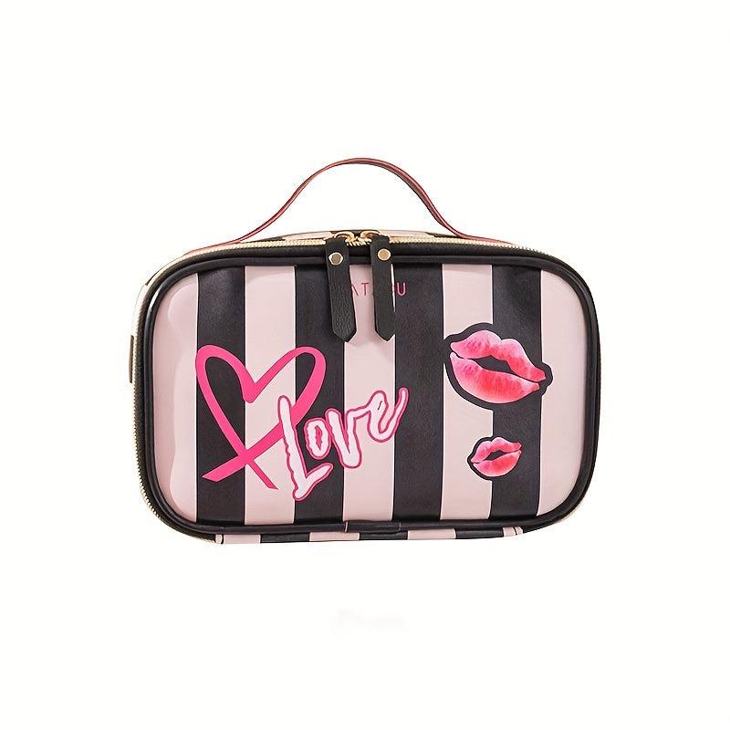 Heart Stripe Pattern Cosmetic Bag Storage Bag Travel Portable Makeup Organizer